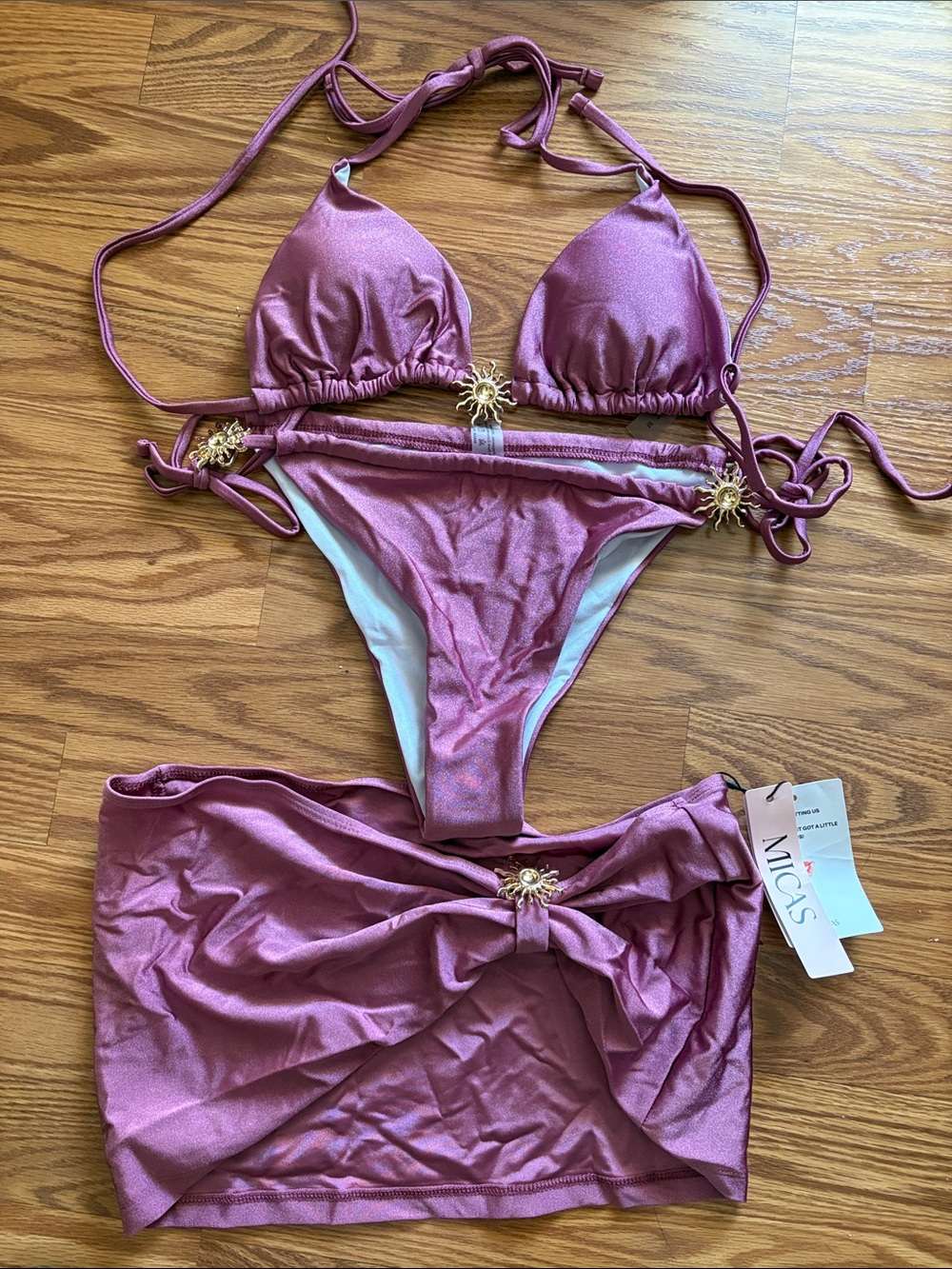 Micas Mauve Shimmer Triangle Bikini Set with Skirt Cover-Up